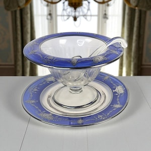 Vintage Sterling Silver Overlay Sauce Bowl Set: Cobalt Rim Pedestal Dish