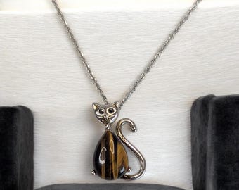 Vintage Sterling Silver Delicate Cat Pendant with Tiger Eye & Marcasite on 18” Chain