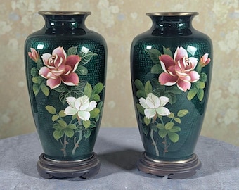 Pair Japanese Ginbari Cloisonné Vases – Emerald Green Floral, Damage Noted