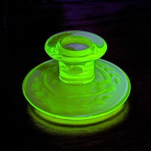 Vintage Uranium Glass Candlestick – Floral Etched Depression Glass Candle Holder – Glows Under UV Light