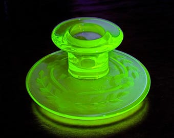 Vintage Uranium Glass Candlestick – Floral Etched Depression Glass Candle Holder – Glows Under UV Light