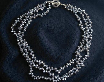 Carolee 3 Strand Peacock Freshwater Pearl Choker Necklace Sterling Silver 16"