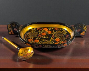 Vintage Russian Khokhloma Wooden Bowl & Spoon Set – Lacquerware Folk Art