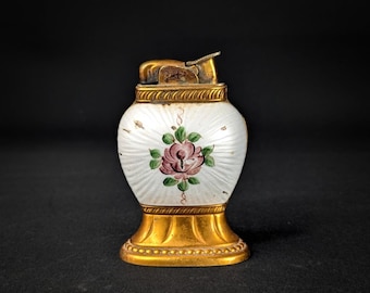 Vintage EVANS Copper Tone Table Top Lighter with Pink Rose Enamel - Untested