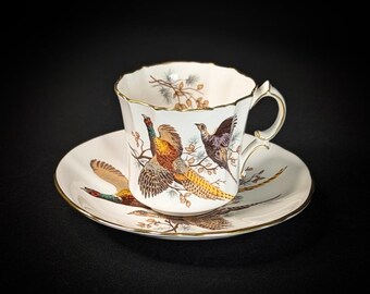 Tea Cup and Saucer, Pheasants Birds, Vintage Hammersley Pattern 5538, Bone China, Made in England, Tea Cup Gift for Him