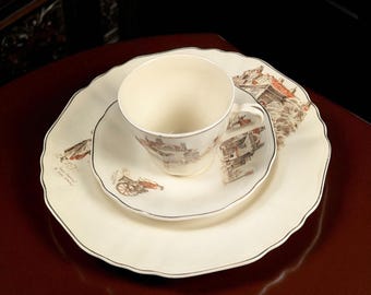 Vintage J&G Meakin Old London Inns Sunshine Ware – The Black Lion Teacup and Saucer with The Cock and Magpie Luncheon Plate