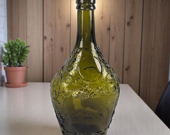 Antique 1920s Rose’s Lime Cordial Bottle – Olive Green Glass Bladder with Embossed Design – Vintage Barware, English Collectible
