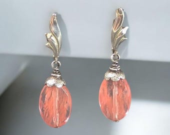Vintage Sterling Silver Cherry Quartz Earrings – Pink Gemstone Dangle Earrings – Art Deco Style Jewelry
