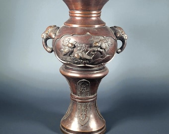 Meiji Japanese Bronze Vase with Elephant Handles & Quail Relief, 12.5"