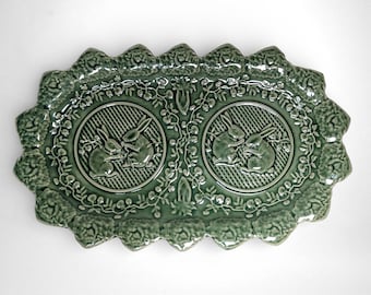 Vintage Portuguese Bordallo Pinheiro Green Majolica Bunny Platter