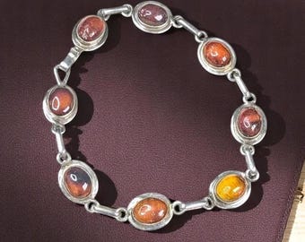 Vintage Baltic Amber Bracelet: Sterling Silver Cognac Honey Cabochons, 7.5"