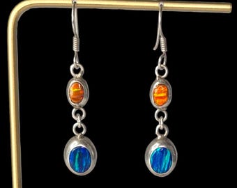 Vintage 950 Pure Sterling Dangle Earrings with Inset Blue and Orange Fire Opal