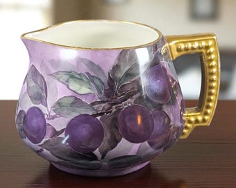 Antique JPL / J.P. Limoges Lemonade or Cider Pitcher – Hand-Painted Purple Plums – Jean Pouyat France – Gold Beaded Handle