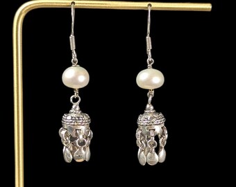 Vintage Freshwater Pearl and Sterling Silver Jhumka Dangle Earrings - 1.8" drop length