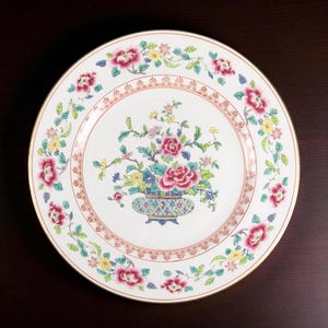 Antique Early 20th C. Crown Staffordshire Chinoiserie Dinner Plate, Peony Vase, Gilt Rim England