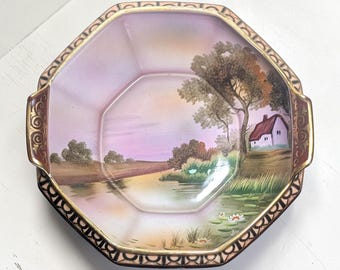 Antique Nippon Hand Painted Landscape Porcelain Nut Bowl, Morimura Japan