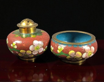 Chinese Cloisonné Salt & Pepper Set – Floral on Coral Ground, Brass Trim
