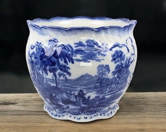 Antique Ridgway Flow Blue Jardiniere – Late Victorian c.1880–1891 – 6.5” Tall, 7.5” Diameter – English Pottery Planter