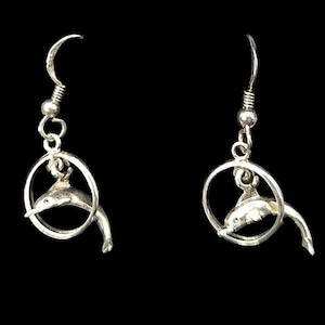 Sterling silver Dolphins through Hoop dangle earrings