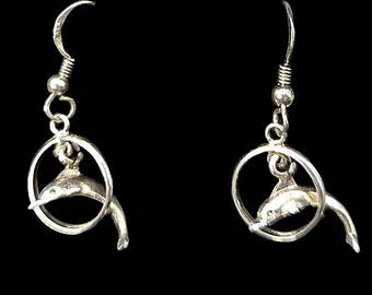 Sterling silver Dolphins through Hoop dangle earrings