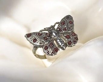Vintage Artisan Sterling Silver Butterfly Ring with Red Enamel – Size 5.75 US – Handcrafted Statement Jewelry