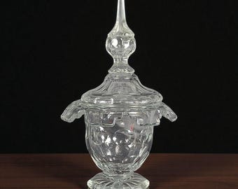 19th C English Cut Crystal Sweetmeat Jar w/ Spire Finial & Scalloped Rim