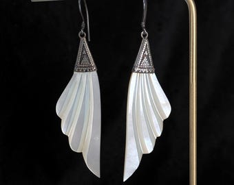 Vintage Sterling Silver & Carved Mother of Pearl Feather Form Drop Earrings