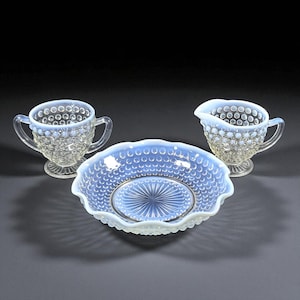 Anchor Hocking Moonstone Opalescent Hobnail Creamer, Sugar, and Ruffled Edge Bowl Set – Vintage Depression Era Glass