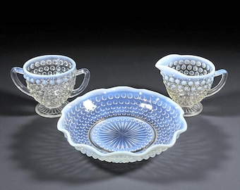 Anchor Hocking Moonstone Opalescent Hobnail Creamer, Sugar, and Ruffled Edge Bowl Set – Vintage Depression Era Glass