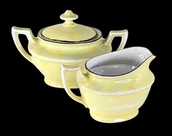 Vintage 1920s Czechoslovakia Art Deco Yellow Lusterware Creamer & Lidded Sugar Bowl, Bone China