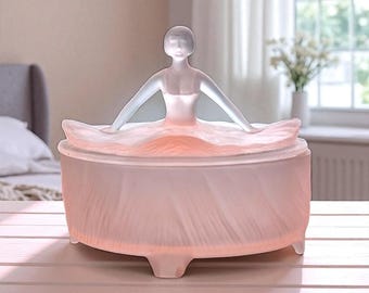 Vintage Satin Glass Ballerina Powder Jar – Petal Pink Frosted Oval Vanity Jar with Figural Lid – Art Deco Style Dresser Jar