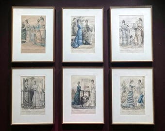 Set of 6 Antique French Fashion Lithographs, Hand-Colored & Signed – 1877