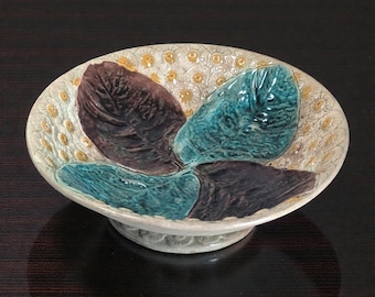 Antique Joseph Holdcroft Majolica Pedestal Bowl, Leaf Relief Staffordshire c1880