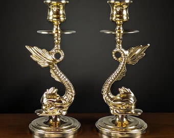 Pair of Vintage Baldwin Brass Dolphin Candlesticks – Chinoiserie Nautical Decor – 8” – Forged in America – 1970s Hollywood Regency
