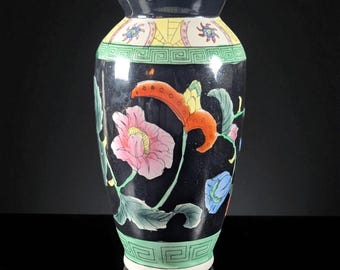 Vintage Chinese Famille Noire Vase, 1980s Floral Enamel Porcelain, 10"
