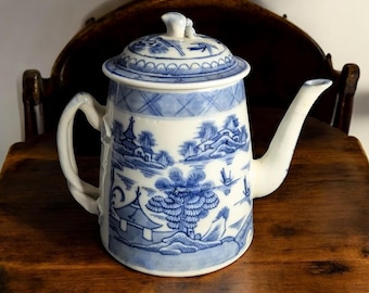 Antique Chinese Canton Lighthouse Teapot – Circa 1850–1875 – Blue & White Porcelain – Persimmon Finial, Interwoven Handle- Qing Export Ware