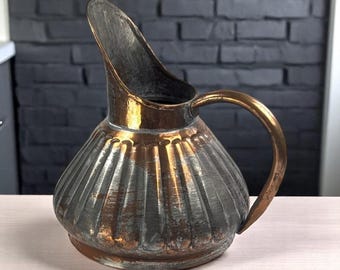 Vintage Copper and Tin Water Pitcher – Hand-Hammered Ribbed Design – 9" Tall – Marked “80” – Rustic Farmhouse Kitchen Decor