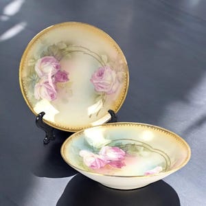 Antique RS Germany Bowls – Pair of Hand Painted 5 3/8” Floral Porcelain Dishes with Pink Roses and Gold Trim