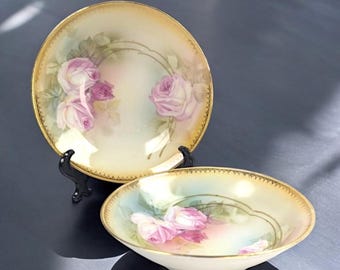 Antique RS Germany Bowls – Pair of Hand Painted 5 3/8” Floral Porcelain Dishes with Pink Roses and Gold Trim