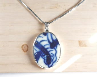 Antique Chinese Porcelain Shard Pendant Necklace – Sterling Silver Setting on 18" Box Chain – Blue and White Shard Jewelry