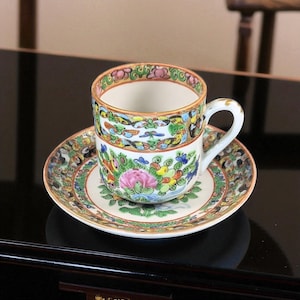Antique Chinese Famille Rose Demitasse Cup & Saucer – Thousand Butterflies Pattern – Hand-Painted - Set 2