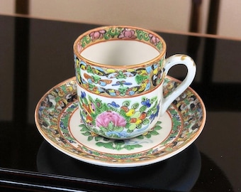 Antique Chinese Famille Rose Demitasse Cup & Saucer – Thousand Butterflies Pattern – Hand-Painted - Set 2