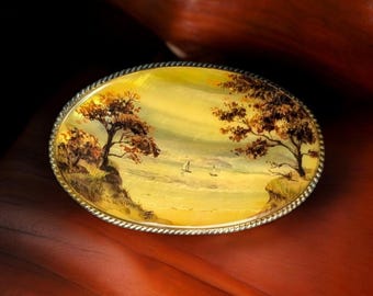 Antique Mother of Pearl Hand Painted Seascape Fedoskino  Brooch