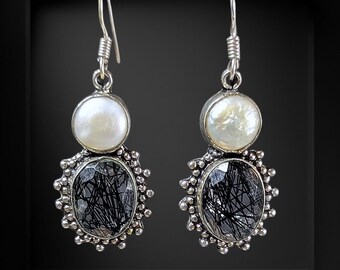 Vintage Sterling Silver, Large Bezel Set Freshwater Pearls, and Rutilated Quartz  Dangle Earrings