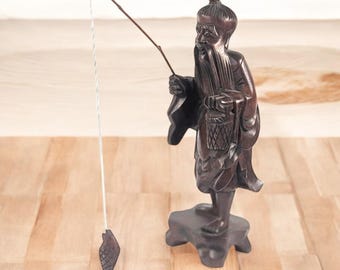 Vintage Asian Fisherman Statue – Hand-Carved Hardwood Figure with Bamboo-Style Fishing Rod – 12" Tall – Mid-20th Century Decor