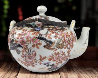 Vintage Japanese Kutani Teapot – Hand Painted Porcelain with Birds and Blossoms, 6" Tall, Metal Handle, Repaired Lid