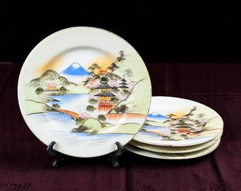 Set of 4 Vintage Japanese Kutani Plates – Hand-Painted Mt. Fuji Landscape – Gold Gilt Rim – Circa 1960s