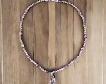 Vintage Rose quartz, pink pearl, and sterling silver necklace with carved quartz leaf pendant
