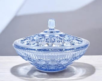 Vintage Federal Glass Windsor Blue Lidded Candy Dish – Pressed Glass, Mid-Century Elegant Blue Bowl