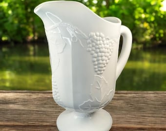 Indiana Glass Colony Harvest Grape Milk Glass Pitcher – 64oz Footed Jug – 1950s White Opaque Pressed Glass